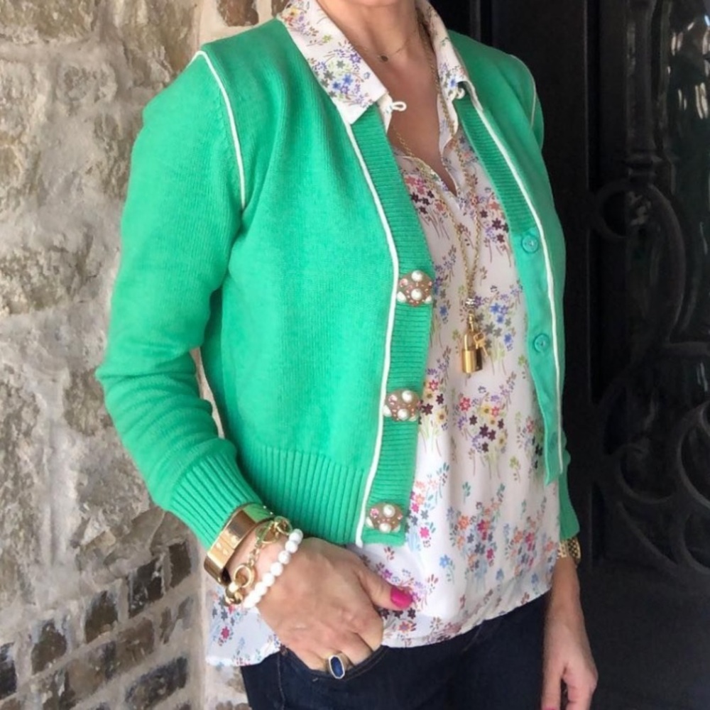 Beautiful Cabi #5459 Wallis Jeweled 3 Button Down Cardigan In Julep Green Sz: M